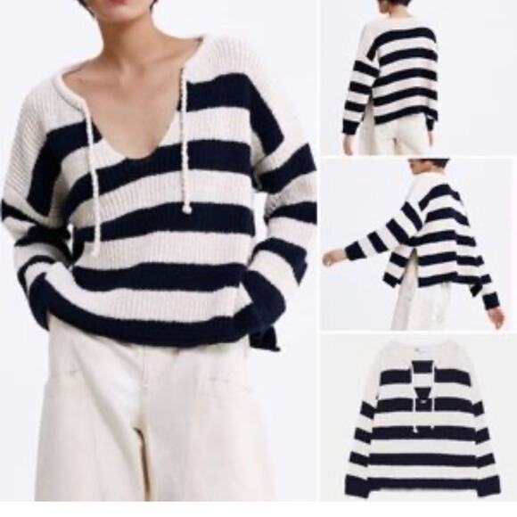 Zara Chunky Knit Sweater Drawstring Rope Stripe Beachy Coastal Nautical - Picture 1 of 8